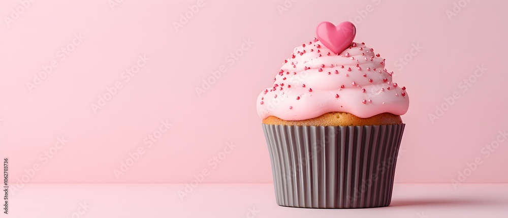 Tempting Homemade Cupcake with Creamy Pink Buttercream Frosting and Festive Heart Shaped Sprinkles on a Pastel Pink Background Evoking a Romantic and Celebratory Mood Tempting Homemade Cupcake with Creamy Pink Buttercream Frosting and Festive Heart Shaped Sprinkles on a Pastel Pink Background Evoking a Romantic and Celebratory Mood