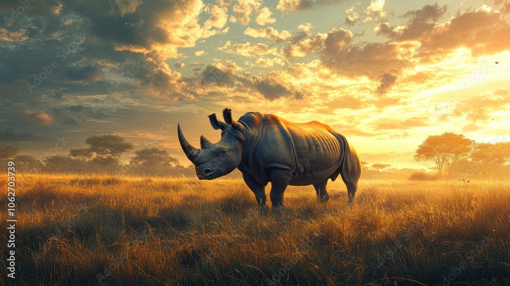 Fototapeta premium Big rhino animal in nature savanna background. AI generated image