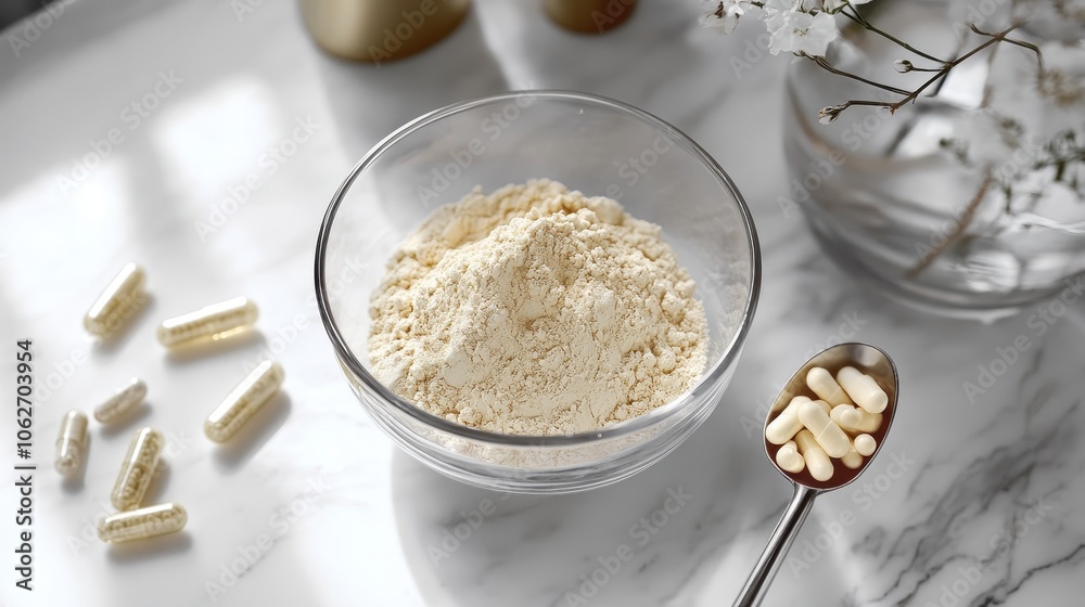 A glass bowl filled with marine collagen powder is elegantly arranged with capsules and a measuring spoon, highlighting its benefits for wellness and beauty. A glass bowl filled with marine collagen powder is elegantly arranged with capsules and a measuring spoon, highlighting its benefits for wellness and beauty.