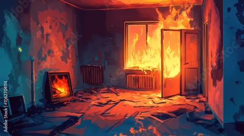 A room engulfed in flames, with a burning window and open door. The room is dilapidated with peeling paint and debris on the floor.