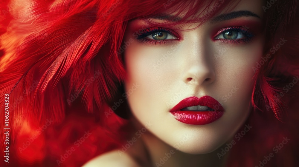 Fototapeta premium Close up portrait of a beautiful woman with red hair and makeup.