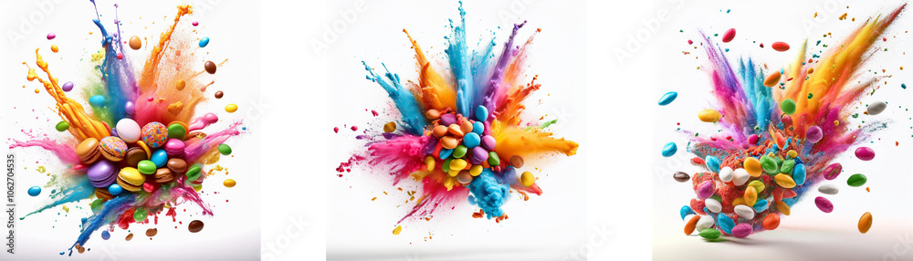 Colorful paint splatters burst from a cluster of assorted candies. Colorful paint splatters burst from a cluster of assorted candies.