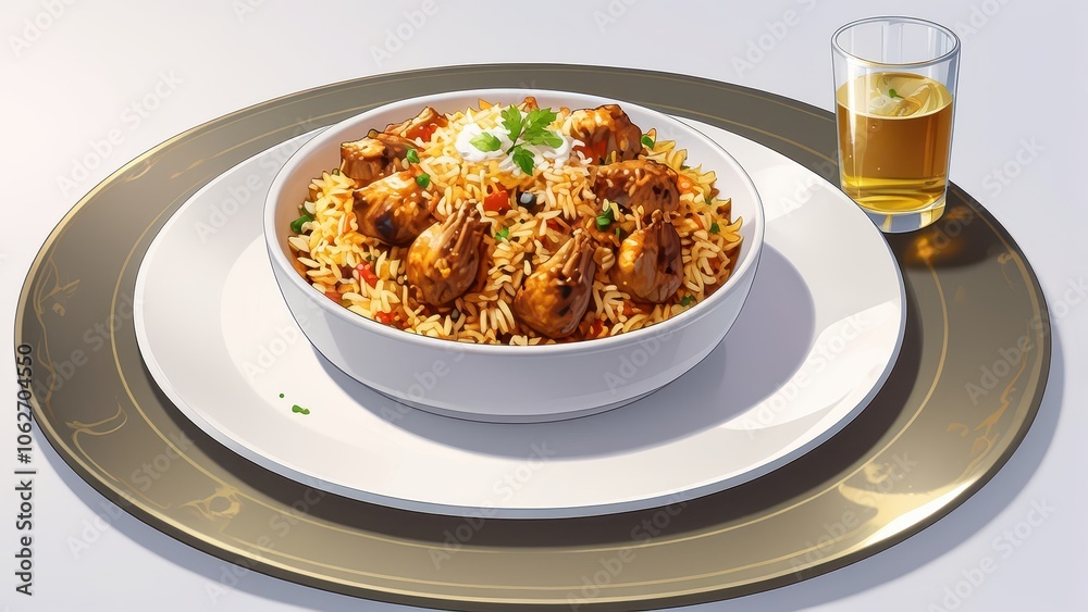 A steaming plate of biryani on a sleek glass table with a pristine white background. A steaming plate of biryani on a sleek glass table with a pristine white background.