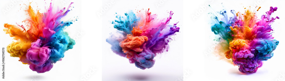 Three colorful ink explosions on a white background. Three colorful ink explosions on a white background.