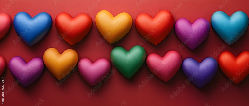 Vibrant and Colorful Heart Shapes Abstract Digital with Varied Sizes Textures and Patterns in 3D Rendering on Red Background
