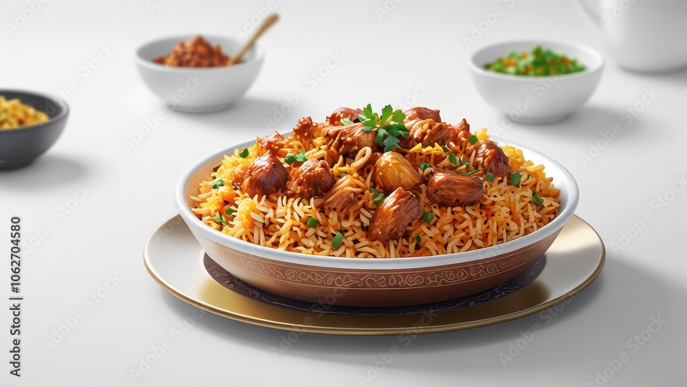 A steaming plate of biryani on a sleek glass table with a pristine white background. A steaming plate of biryani on a sleek glass table with a pristine white background.