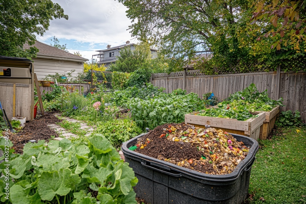 A backyard composting setup with bins full of food scraps, leaves, and grass clippings A backyard composting setup with bins full of food scraps, leaves, and grass clippings