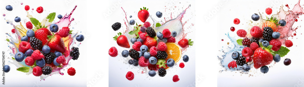 Three colorful splashes of berries and fruit in a white background. Three colorful splashes of berries and fruit in a white background.