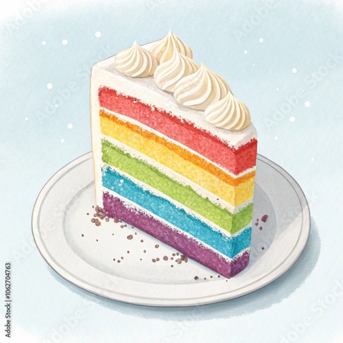 Stacked Slices of Rainbow Cake with Soft, Whipped Cream Layer