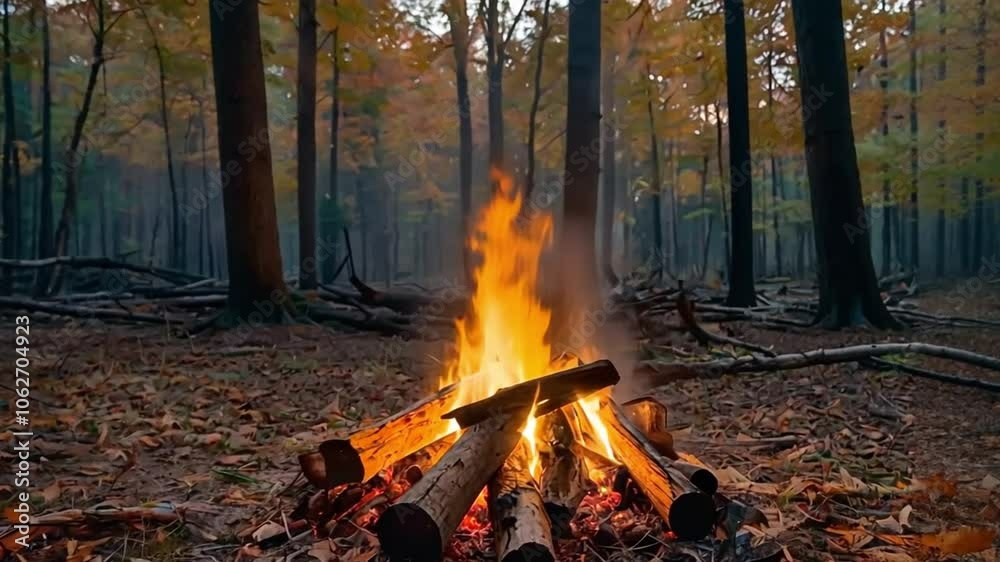 High-resolution photo of campfire in forest, centered layout, vibrant flames, dark trees, sparks, natural atmosphere, serene setting. High-resolution photo of campfire in forest, centered layout, vibrant flames, dark trees, sparks, natural atmosphere, serene setting.