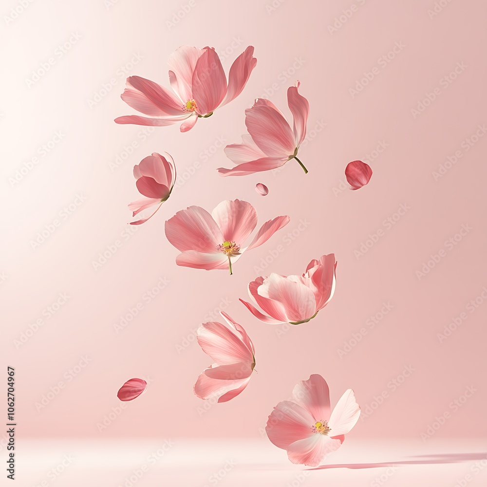 A beautiful image of sping pink flowers flying in the air on the pastel pink background. Levitation conception. Hugh resolution image A beautiful image of sping pink flowers flying in the air on the pastel pink background. Levitation conception. Hugh resolution image