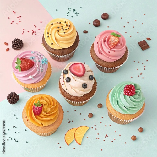 Whimsical Cupcake Assortment with Various Frosting Designs and Topping