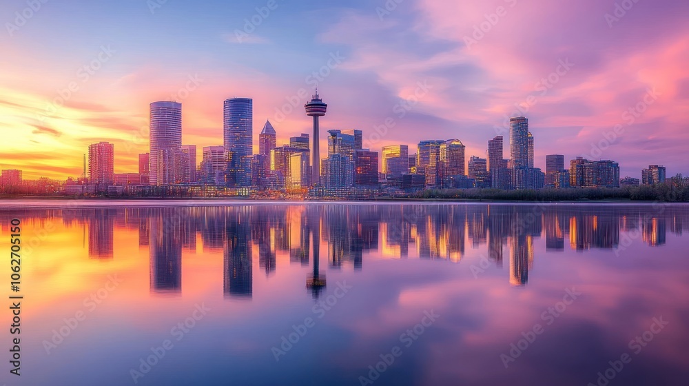 A modern city skyline with skyscrapers reflected in a calm lake at sunset. A modern city skyline with skyscrapers reflected in a calm lake at sunset.