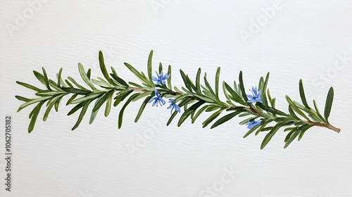 Delicate watercolor painting showcasing a sprig of rosemary with its signature needle-like leaves and dainty blue flowers photo