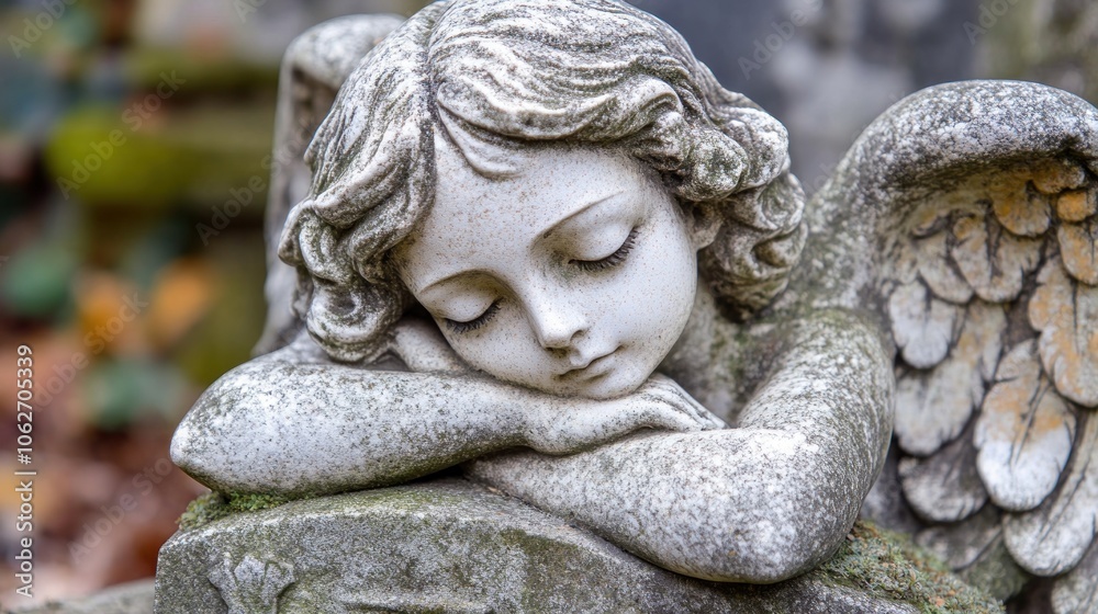 Close-up of a stone angel statue with wings, resting its head on its hand, in a cemetery. Close-up of a stone angel statue with wings, resting its head on its hand, in a cemetery.