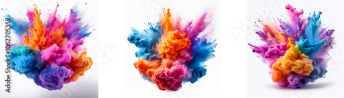 Three colorful powder explosions are shown in mid-air against a white background.