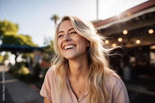 Portrait of a beautiful young woman smiling at the camera outdoors.