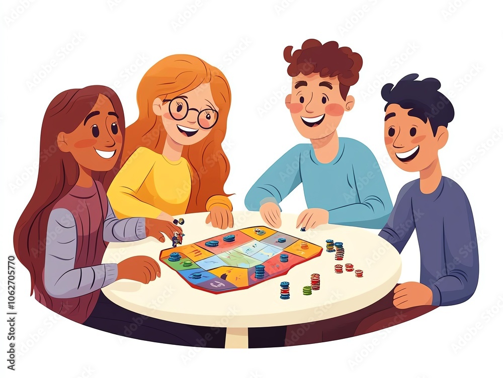 Vector illustration of a diverse group of friends playing a board game around a table, white background, flat colors, cheerful expressions Vector illustration of a diverse group of friends playing a board game around a table, white background, flat colors, cheerful expressions