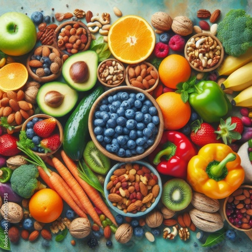 Colorful mix of fruits, nuts, and vegetables on a table, perfect for healthy diet themes