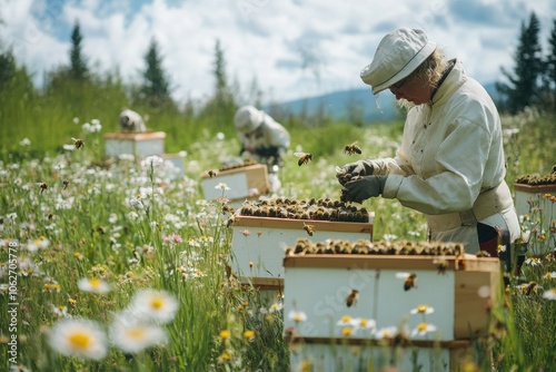 A beekeeper tending to hives in a protected meadow full of wildflowers, surrounded by buzzing bees