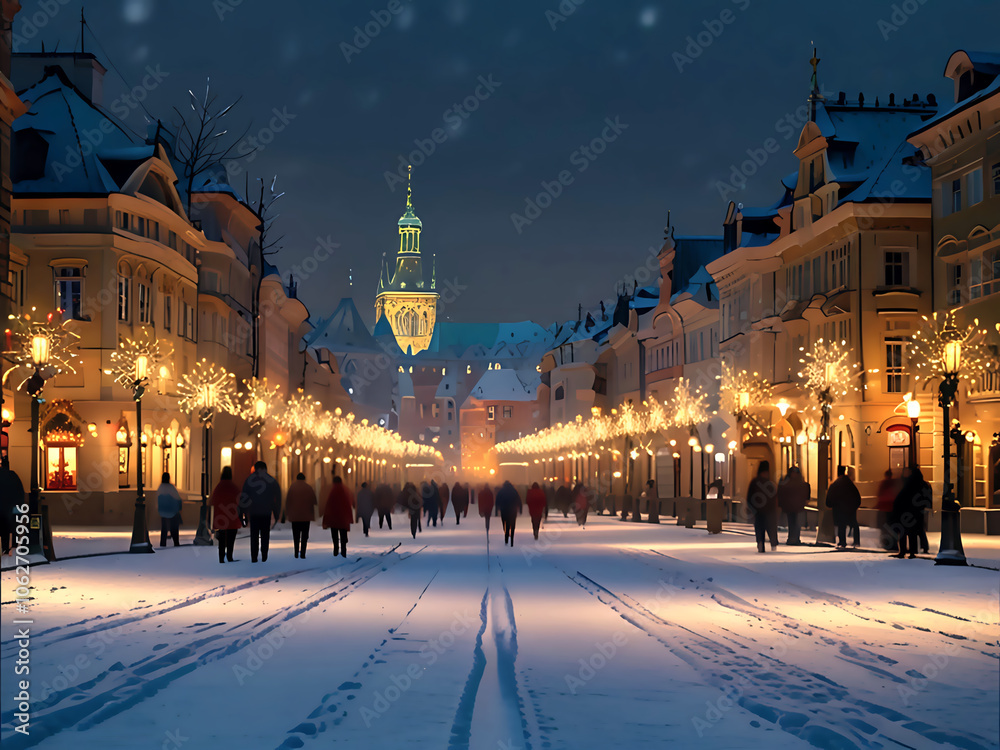 Obraz premium Winter romantic walk through Christmas Prague. Beautiful vintage snow-covered streets with festive lanterns and cozy lights.