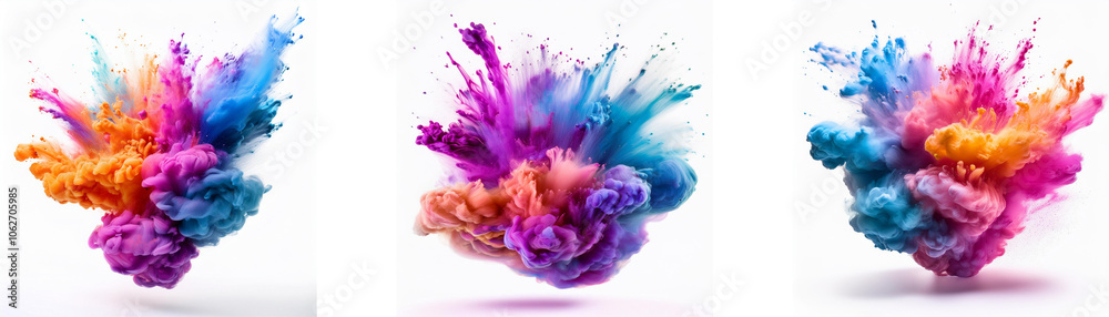 Three colorful explosions of ink on a white background. Three colorful explosions of ink on a white background.