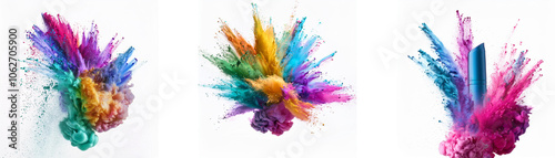 Three abstract colorful explosions of powder on a white background.