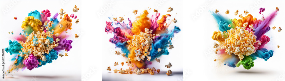 Three vibrant explosions of colorful paint with a light background. Three vibrant explosions of colorful paint with a light background.