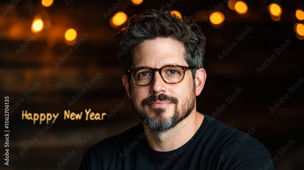 A thoughtful man with glasses smiles against a softly lit backdrop, conveying warmth and celebration, Ideal for New Year promotions, greetings, or personal branding, A thoughtful man with glasses smiles against a softly lit backdrop, conveying warmth and celebration, Ideal for New Year promotions, greetings, or personal branding,