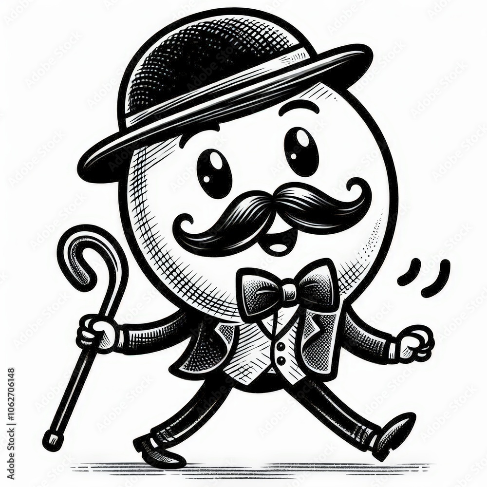 Fototapeta premium cartoon character with a bowler hat, mustache, and cane, walking with a cheerful expression sketch engraving. Black and white image