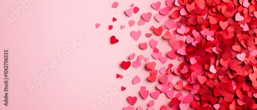 Vibrant red and pink heart shapes scattered across a pastel pink background creating a romantic festive and heartfelt composition perfect for Valentine s Day weddings anniversaries