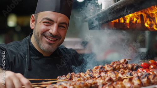 A chef is grilling delicious Turkish kebabs. photo