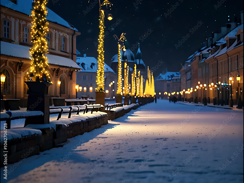 Obraz premium Winter romantic walk through Christmas Prague. Beautiful vintage snow-covered streets with festive lanterns and cozy lights.