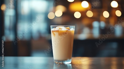 A glass of cold beverage topped with ice. photo