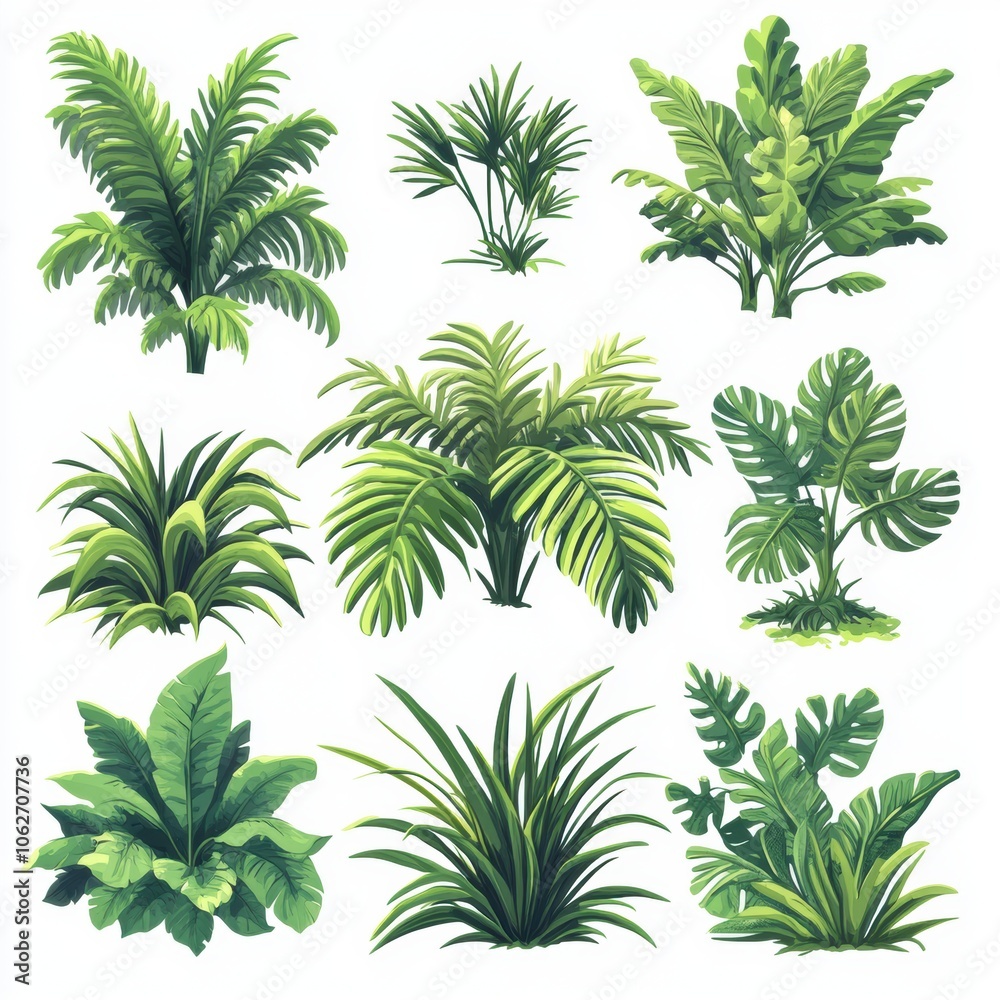 This image features nine watercolor illustrations of tropical plants, each featuring a unique arrangement of lush foliage This image features nine watercolor illustrations of tropical plants, each featuring a unique arrangement of lush foliage
