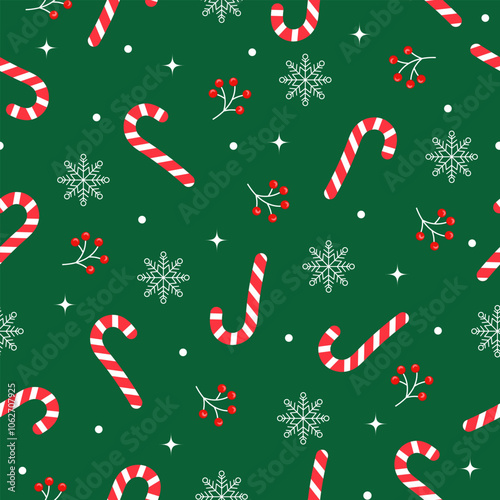 illustration of christmas candy with berry and snowflake in seamless pattern design background. suitable for wallpaper,poster,greeting card and other. christmas background on green design