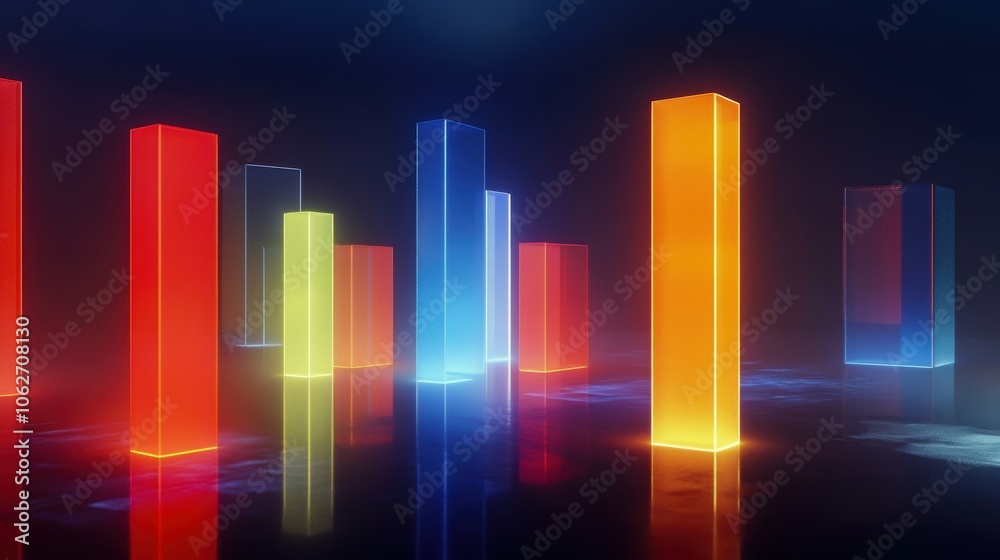 Colorful glowing 3D bars illuminated in a dark background, representing data visualization and modern technology. Colorful glowing 3D bars illuminated in a dark background, representing data visualization and modern technology.