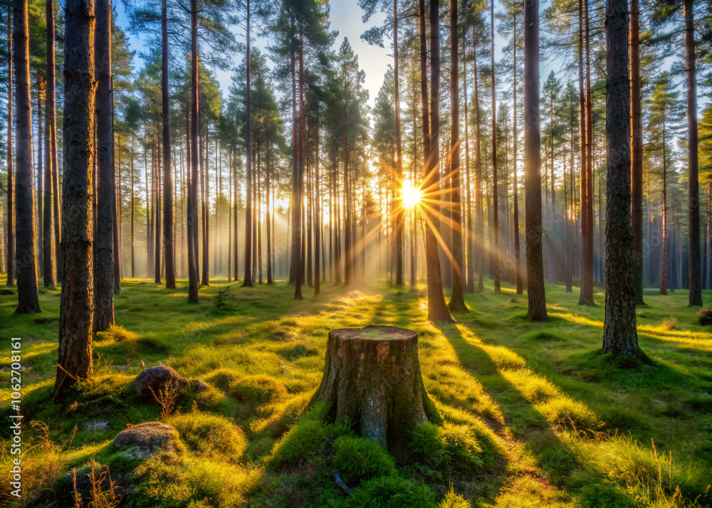 Fototapeta premium sunset in the forest. forest, autumn, trees, nature, tree, landscape, fall, sun, park, leaves, light, path, woods, leaf, wood, green, foliage, season, yellow, misty, mist, fog, birch, sunlight, colorf