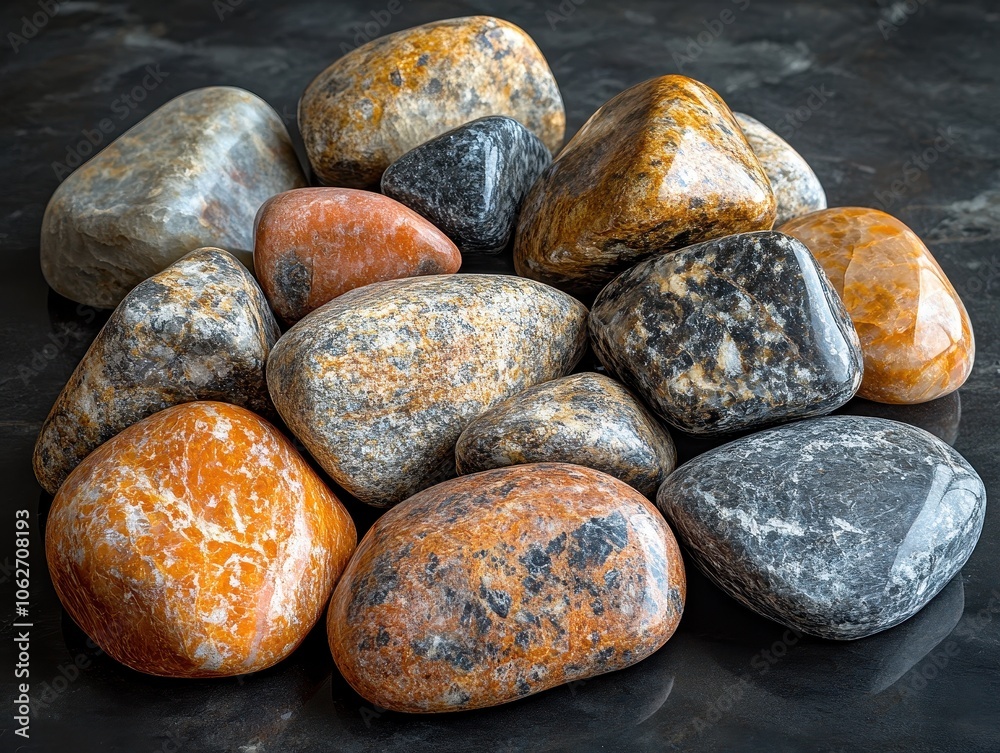 Polished Stones in Harmony, a vibrant arrangement of smooth stones reflecting unity and collaboration, showcasing intricate textures and colors Polished Stones in Harmony, a vibrant arrangement of smooth stones reflecting unity and collaboration, showcasing intricate textures and colors