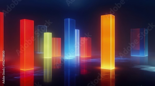 Colorful glowing 3D bars illuminated in a dark background, representing data visualization and modern technology.