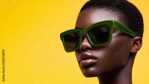 A close-up portrait of a model wearing striking green sunglasses against a vibrant yellow background.