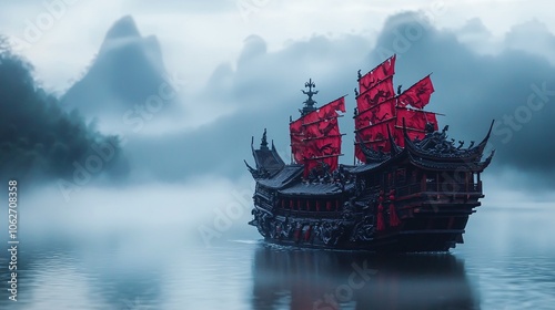 Explore the mystique of an ancient chinese warship gliding through a misty landscape with vibrant red banners