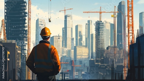 Wallpaper Mural Construction worker looking at the city skyline with cranes in the background. Torontodigital.ca