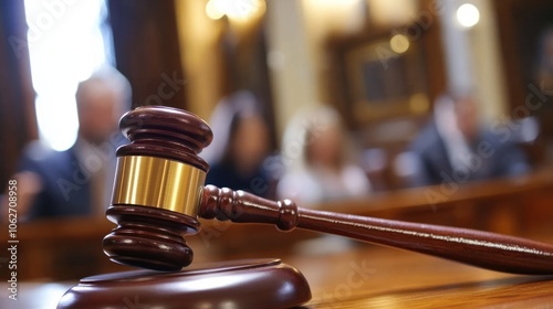A wooden gavel rests on a table in a courtroom with people in the background.