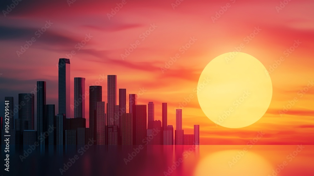 Silhouette of modern skyline at sunset with vibrant colors reflecting on water. Silhouette of modern skyline at sunset with vibrant colors reflecting on water.