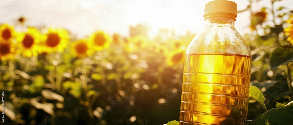 Sunflower oil bottle in a sunflower field, illuminated by sunlight, showcasing natural beauty and healthy living.