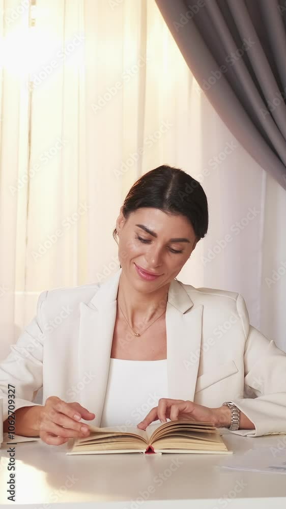 Vertical video. Rest work. Happy woman. Office lifestyle. Elegant smiling lady sitting desk reading interesting book in light room interior. Vertical video. Rest work. Happy woman. Office lifestyle. Elegant smiling lady sitting desk reading interesting book in light room interior.