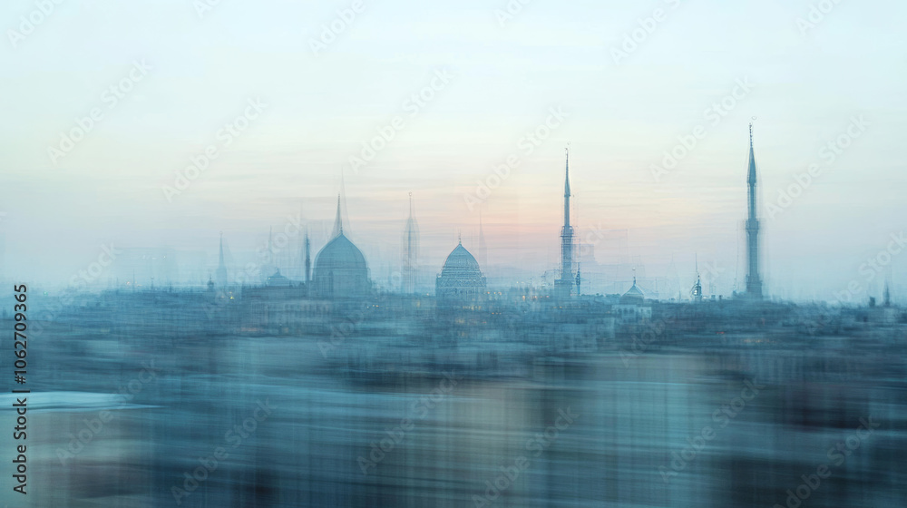 Naklejka premium The Cairo skyline stretches out on a blurry day, with the Sultan Hassan Mosque and the Al Rifai Mosque standing out in the distance.
