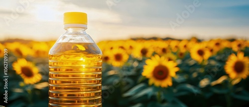 Sunflower oil bottle in a field of vibrant sunflowers under a bright sky, representing health and natural products.