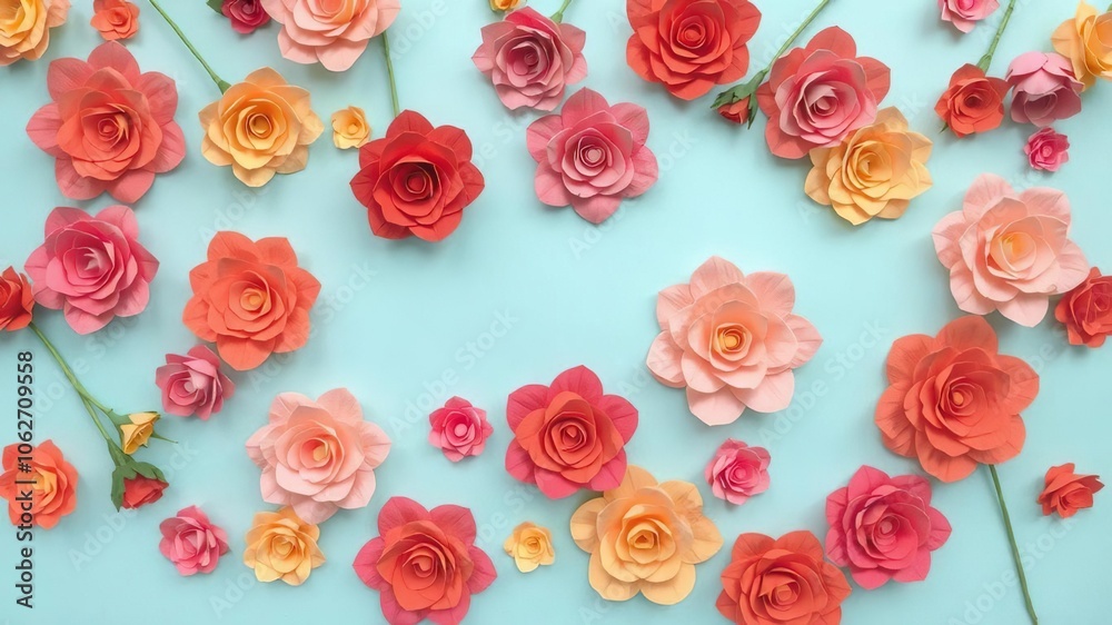 Colorful backdrop featuring a variety of paper roses in shades of pink, red, orange, and yellow, handmade, design, pattern Colorful backdrop featuring a variety of paper roses in shades of pink, red, orange, and yellow, handmade, design, pattern